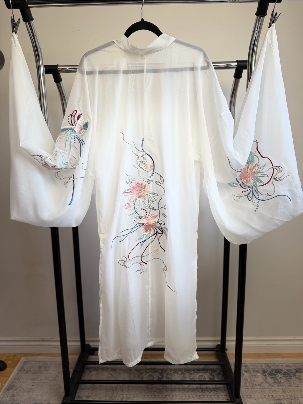 Japanese Embroidered Sheer Kimono Cardigan White Floral Haori Robe M/L